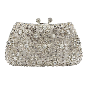 Exquisite silver hollow flower evening clutch bag with sparkling inlaid rhinestones