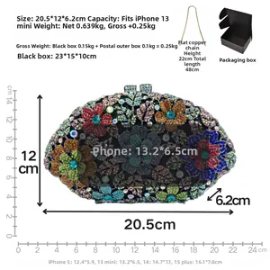 Detailed view of luxury floral rhinestone evening clutch with dimensions and copper chain