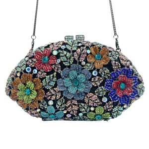 Luxury oval evening clutch bag featuring colorful floral rhinestone crystal embroidery