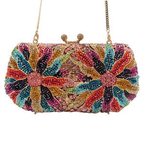 Luxury Floral Rhinestone Evening Clutch Bag Alloy Crystal Hollow Hard Shell Party Handbag With Removable Metal Chain Strap