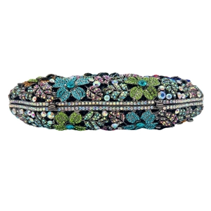 Luxury oval clutch bag featuring colorful floral rhinestone patterns for evening events