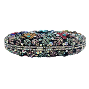Exquisite floral evening clutch bag with colorful rhinestones on a metal frame