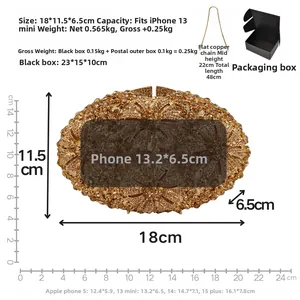 Detailed dimensions of the crystal gold clutch bag with 18x11.5x6.5cm size markings