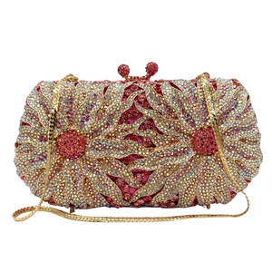 Exquisite floral rhinestone clutch bag with colorful crystals and gold chain strap