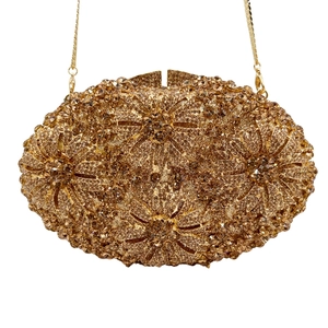Luxury Rhinestone Evening Clutch Bag Gold Hollow Out Flower Hard Shell Purse With Chain For Women Party Banquet