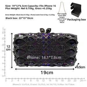Detail view of purple rhinestone evening clutch with dimensions compared to iPhone 15 Plus