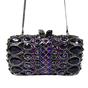 Luxurious stone clutch bag featuring purple and pink crystal rhinestones and metal chain