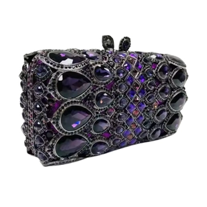 Luxury purple and black rhinestone clutch bag with pear-shaped crystals and metal clasp