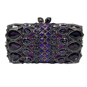 Detail of purple rhinestone clutch bag featuring multi-shaped crystal stones and metal clasp