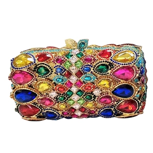 Detailed view of colorful teardrop rhinestones on a luxury evening clutch bag