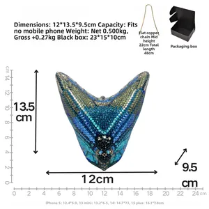 Detailed size chart of a butterfly crystal clutch bag with dimensions and chain length