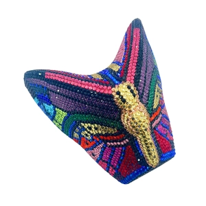 Detailed close-up of butterfly crystal clutch with vibrant multicolored rhinestones