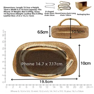 Vues détaillées de la pochette de luxe en strass dorés avec dimensions et deux chaînes