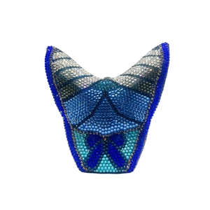 Macro detail of luxury crystal butterfly evening clutch with gradient blue rhinestone pattern