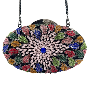Luxury Oval Women Evening Clutch Bag Rhinestone Inlaid Floral Leaf Pattern Alloy Metal Frame Handbag With Chain Shoulder Strap