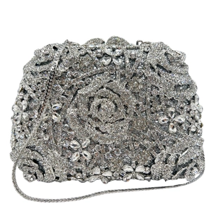Pochette de soirée argentée à fleur de rose en cristal avec diamants étincelants