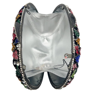 Floral crystal evening clutch bag with multicolored rhinestones and silver interior view