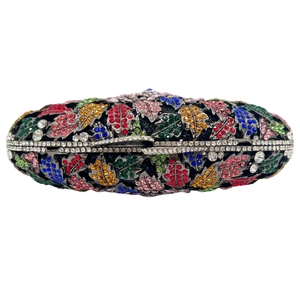 Exquisite crystal evening clutch bag with multicolored leaf patterns and metal clasp