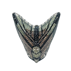 Close-up of luxury V-shaped clutch with gradient rhinestones and metallic clasp