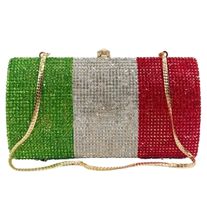Detail of evening clutch with Italian flag crystal pattern and golden snake chain