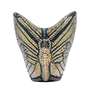 Detailed close-up of a butterfly crystal clutch bag featuring multi-color rhinestones