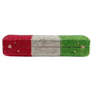 Italian flag themed cylindrical crystal evening bag with red white green rhinestones