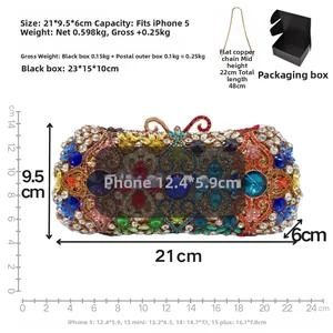 Detailed view of hollow rhinestone evening clutch with dimensions and copper chain strap