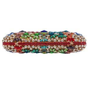 Luxurious hollow evening clutch bag with colorful rhinestones and floral gem pattern