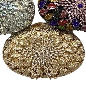 Detailed trio of sparkling evening clutch bags with gold floral and silver crystal rhinestones