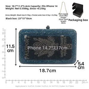 Blue crystal passport clutch bag details including dimensions, chain, and phone capacity