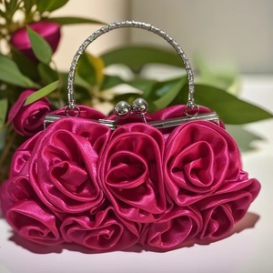 Elegant fuchsia satin evening clutch bag featuring 14 handmade 3D roses and metal handle