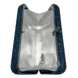 Sparkling dark blue crystal passport clutch with silver lining and metal frame closure