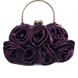 Elegant dark purple satin evening clutch bag with 3D rose flowers and metal handle