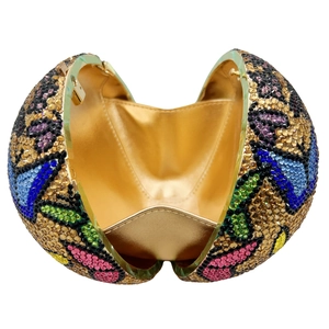 Pochette de soirée sphérique de luxe avec cristaux colorés et intérieur en métal doré