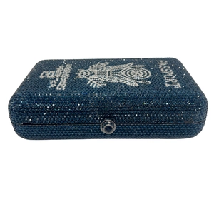 Blue crystal clutch bag with eagle emblem passport design and luxury rhinestone finish