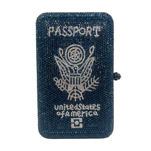 Luxury navy blue crystal passport clutch bag with sparkling diamond-encrusted design