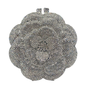 Elegant camellia rose crystal clutch bag with silver rhinestones and hollow metal frame