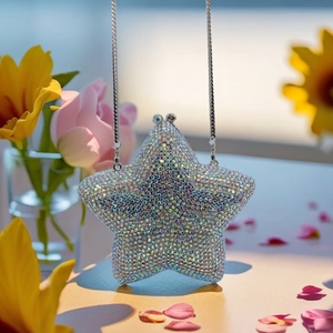 Star-shaped rhinestone clutch bag with iridescent crystals and silver chain strap