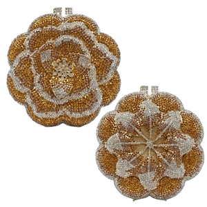 Detailed front and back view of a rose-shaped evening clutch with gold and silver rhinestones