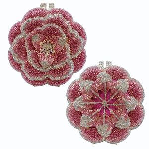 Detailed macro view of the rose flower evening clutch bag with pink and silver crystals