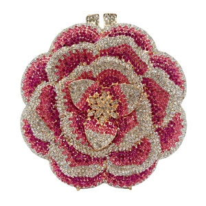 Rose Flower Shaped Evening Clutch Bag Full Rhinestone Crystal Alloy Metal Purse For Women Wedding Party Bridal