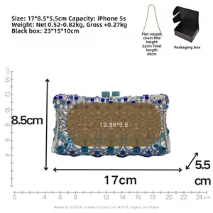 Detailed size specifications of silver rhinestone clutch bag with dimensions and box size