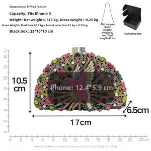Peacock crystal evening clutch bag with diamond rhinestones, metal chain and gift box