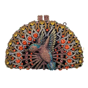 Luxury bird diamond evening clutch bag with colorful rhinestones and gold metal frame