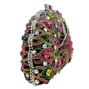 Luxury bird clutch bag with colorful rhinestones and gold hollow metal frame for gala