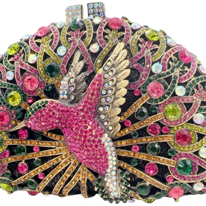 Luxury hummingbird clutch bag with multi-color rhinestones and crystal peacock feather pattern