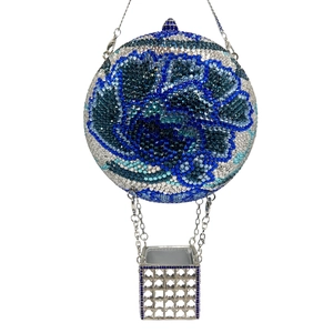 Hot Air Balloon Evening Bag Rhinestone Blue White Porcelain Pattern Spherical Clutch Party Handbag For Women