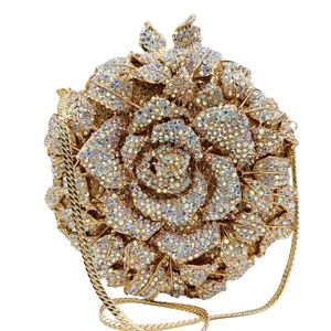 Pochette de soirée élégante en forme de rose avec strass et cadre en métal doré