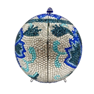 Spherical crystal evening bag with blue and white porcelain pattern and diamond inlay