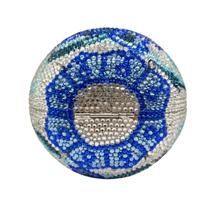 Spherical crystal clutch bag with blue rhinestone floral pattern and silver metal frame